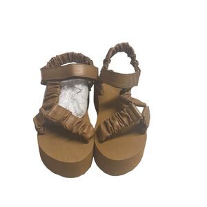 SHOEDAZZLE Taneisa Women’s Rusched‎ Strap Wedge Sandal Size 5.5 Tan